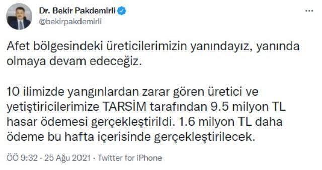 10 ilde yangınlardan zarar gören üretici ve yetiştiricilere 9,5 milyon lira hasar ödemesi yapıldı