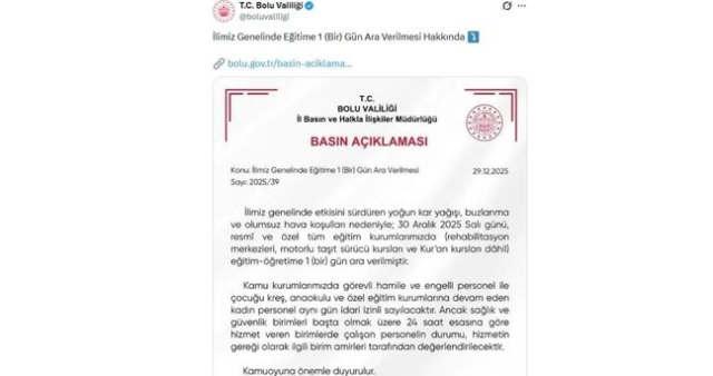 Bolu'da okullar tatil mi? 30 Aralık Salı Bolu'da okul yok mu? (KAR TATİLİ – BOLU VALİLİĞİ)