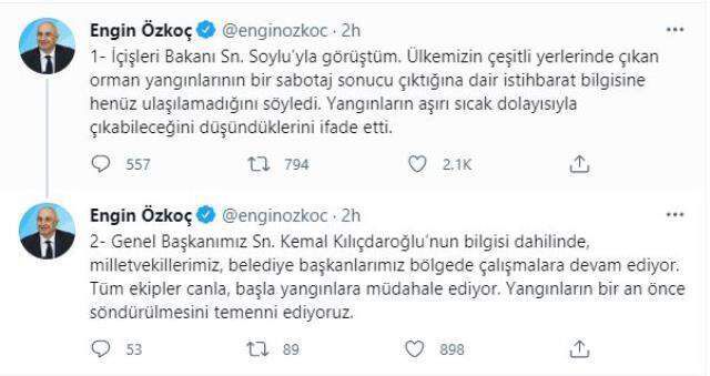 CHP'li Engin Özkoç, Bakan Soylu'ya sabotaj iddiasını sordu: Sabotaj bulgusu yok, aşırı sıcaklıklar üzerinde duruluyor