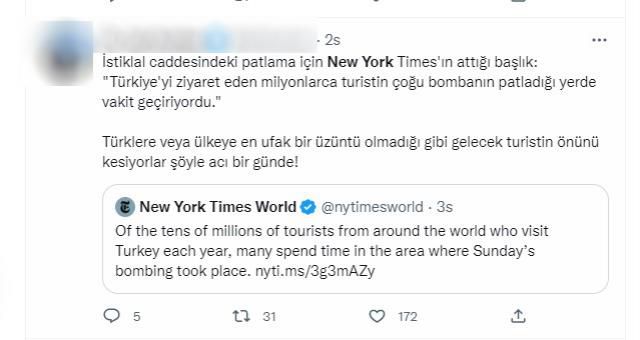 New York Times'ın İstiklal Caddesi'ndeki bombalı saldırının haberini verme şekli tepkilere sebep oldu