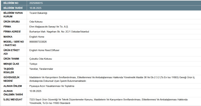 Bakanlıktan English Home'un ürünü için toplatma kararı