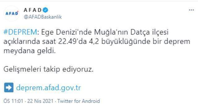 Datça açıklarında gece vakti meydana gelen deprem sırasında kaydedilen ses ürküttü