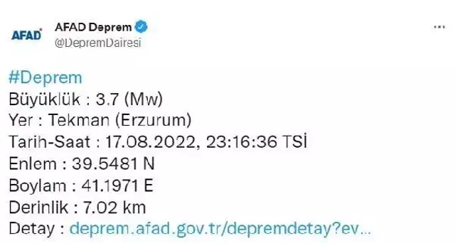 Erzurum'da gece saatlerinde 3.7'lik sarsıntı korkuttu
