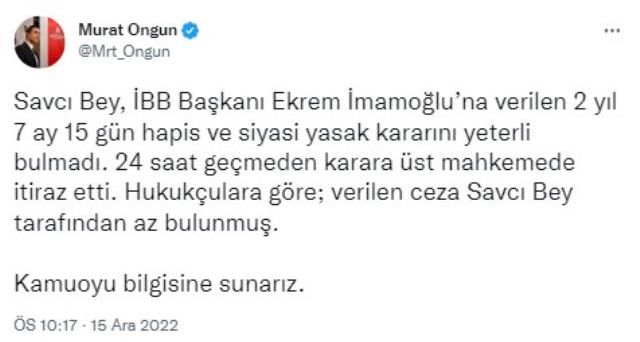 Son Dakika: İmamoğlu davasının savcısı, 2 yıl 7 ay 15 günlük hapis cezasını yetersiz bularak karara itiraz etti