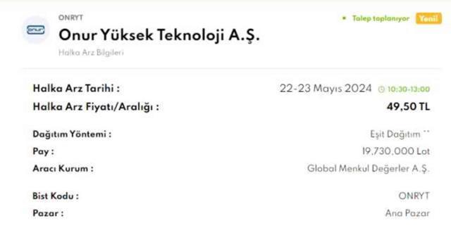 ONUR YÜKSEK TEKNOLOJİ HALKA ARZ | ONRYT halka arz ne zaman, kaç lot verir?