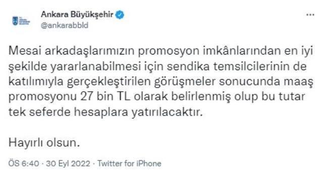 Ankara Büyükşehir Belediyesi çalışanlarına 27 bin TL promosyon verilecek