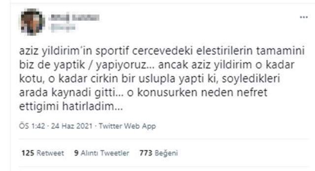 Bugün sosyal medyanın zirvesine çıkan Aziz Yıldırım'ın sözlerine tepki yağdı