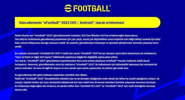 Konami, Mobile eFootball Pes 2022'nin ertelendiğini duyurdu