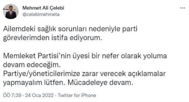 Memleket Partisi lideri Muharrem İnce'ye en yakın isim Mehmet Ali Çelebi istifa etti