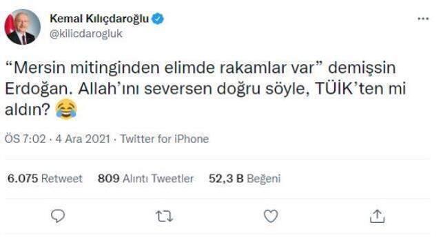 Kılıçdaroğlu'ndan Cumhurbaşkanı Erdoğan'a TÜİK'li miting göndermesi