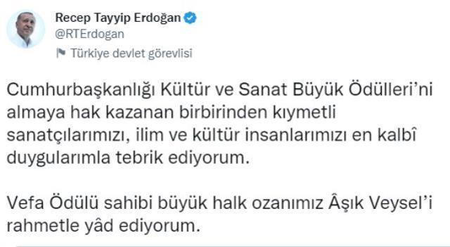 Cumhurbaşkanı Erdoğan, Cumhurbaşkanlığı Kültür ve Sanat Büyük Ödülleri'nin sahiplerini açıkladı