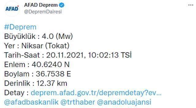Son Dakika! Tokat'ın Niksar ilçesinde 4 büyüklüğünde deprem