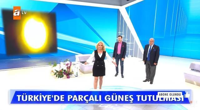'Kaç gündür buna hazırlanıyorum' diyen Müge Anlı, canlı yayında hem güneş tutulmasını canlandırdı hem de teneke çaldı