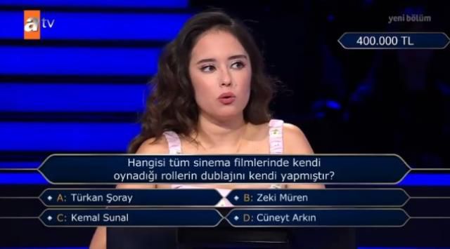 Hangisi tüm sinema filmlerinde kendi oynadığı rollerin dublajını kendi yapmıştır? Kim Milyoner Olmak İster 400 Bin TL'lik soru ve cevabı