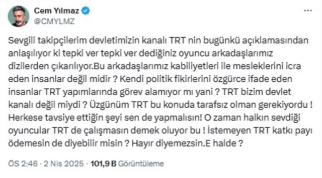 TRT'nin Aybüke Pusat kararına ilk tepki Cem Yılmaz'dan