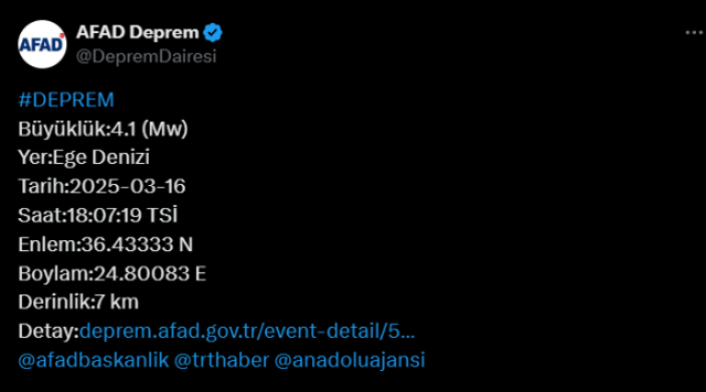 EGE DENİZİ'NDE DEPREM! 16 Mart deprem mi oldu? AFAD ve Kandilli son depremler listesi!