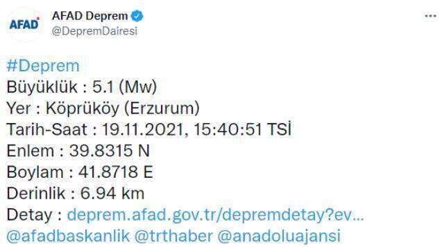 Deprem mi oldu? 19 Kasım bugün nerede deprem oldu? Erzurum'da deprem mi oldu? 19 Kasım Cuma AFAD ve Kandilli deprem listesi