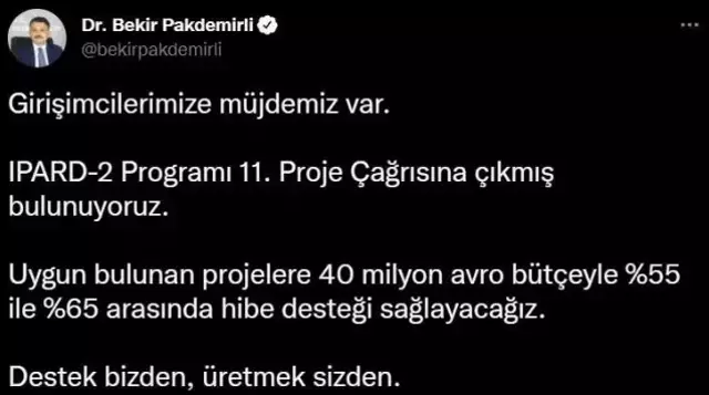 Bakan Pakdemirli'den girişimcilere müjde: 40 milyon euro bütçe ile hibe desteği sağlayacağız