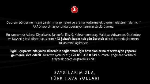THY deprem bölgesi seferleri ücretsiz mi? Türk Hava Yolları deprem bölgesi uçak bileti ne kadar, ücretsiz mi?