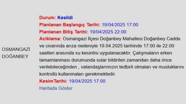 Bursa BUSKİ su kesintisi! 19-20 Nisan Bursa'da su kesintisi ne zaman bitecek, sular ne zaman gelecek?