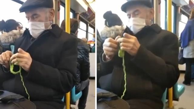 Belediye otobüsünde örgü ören yaşlı amcayı görenler gözlerine inanamadı