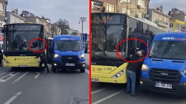 İETT şoförü ile kargocunun trafikte yol verme kavgası kameralara yansıdı