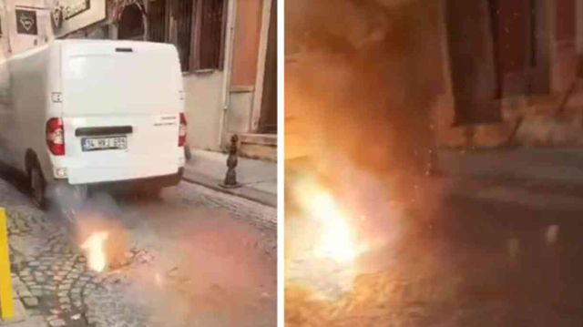 Araba geçerken patlayan kablolar, bomba etkisi yarattı
