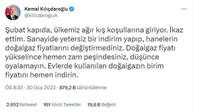Kılıçdaroğlu: Şubat Kapıda, Ülkemiz Ağır Kış Koşullarına Giriyor. Evlerde Kullanılan Doğal Gazın Birim Fiyatını Hemen İndirin