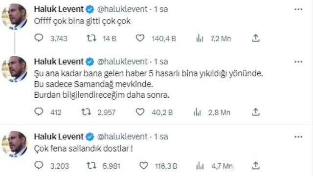 Hatay'da peş peşe gelen depremler sonrası Haluk Levent: Çok bina gitti