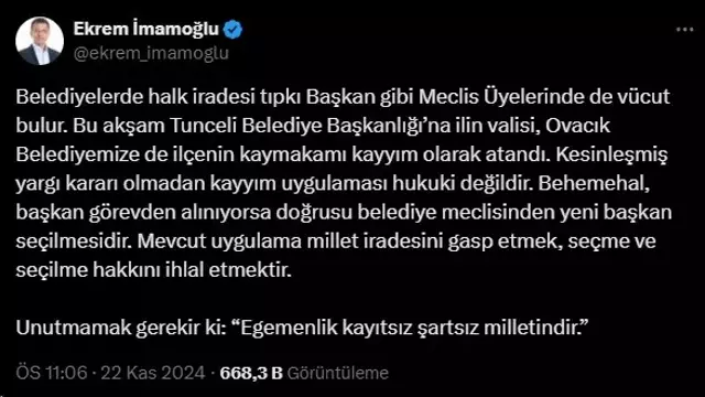 İmamoğlu'ndan kayyum tepkisi: Hukuki değil