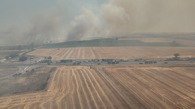 Edirne'de çıkan anız yangını kara yoluna ulaştı