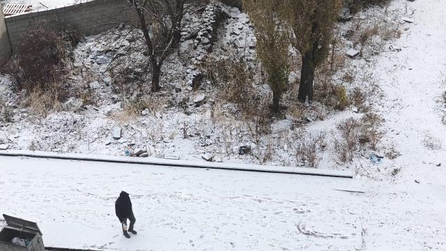 Kars'ta mevsimin ilk karının düştüğü sokak manzarası