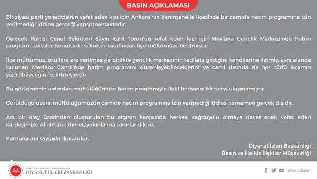 Diyanet, İYİ Partili Torun'un kızı için hatim okutmasına izin verilmediği iddialarını yalanladı