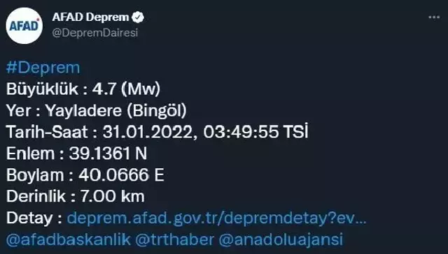 BİNGÖL'DE 4.7 BÜYÜKLÜĞÜNDE DEPREM