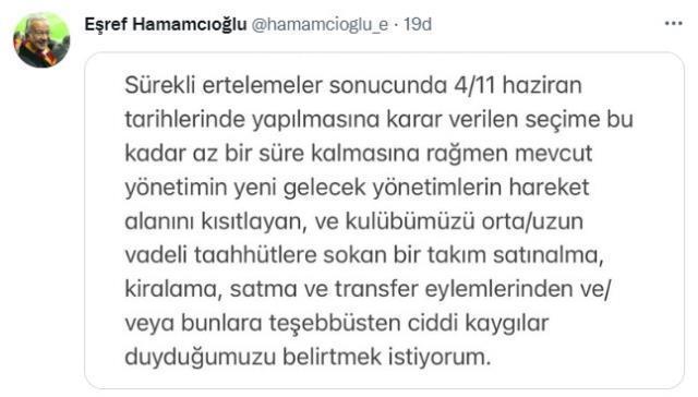 Galatasaray'da başkan adayı Eşref Hamamcıoğlu'ndan sürpriz paylaşım: Ciddi kaygı duyuyoruz
