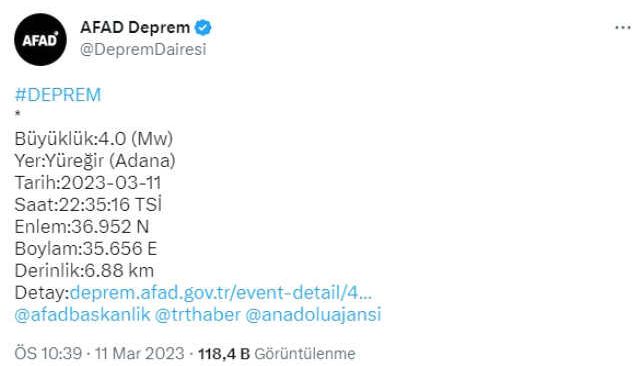 Son Dakika: Adana'nın Yüreğir ilçesinde 4 büyüklüğünde deprem meydana geldi
