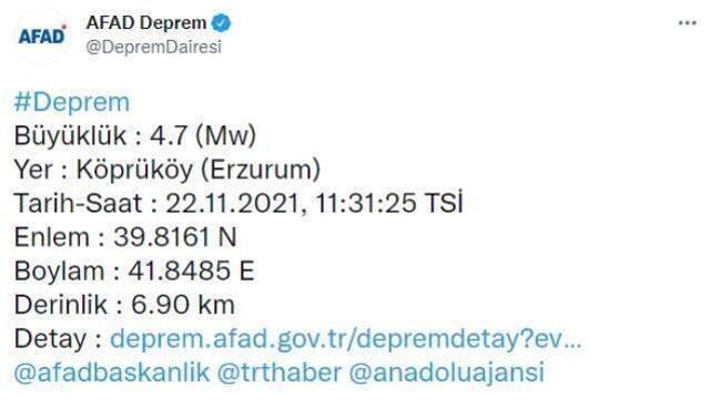 Son Dakika! Erzurum'da 4,7 büyüklüğünde bir deprem meydana geldi