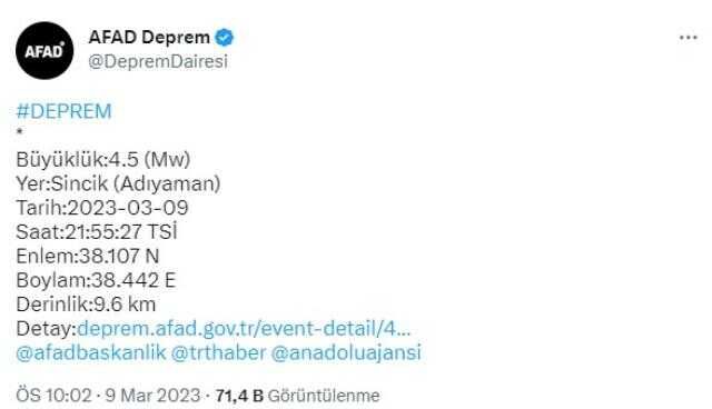 Son Dakika: Adıyaman'ın Sincik ilçesinde 4.5 büyüklüğünde deprem meydana geldi