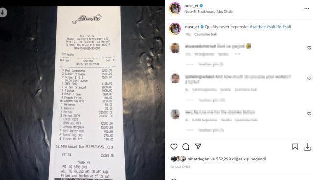 Nusret Gökçe, restoranındaki 3 milyon TL'lik hesap fişini paylaştı