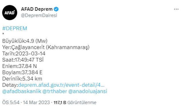 Son Dakika: Kahramanmaraş'ta 4.9 büyüklüğünde deprem meydana geldi