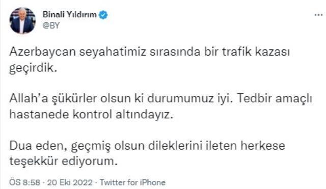 AK Parti'den Azerbaycan'da trafik kazası geçiren Binali Yıldırım'ın sağlık durumuyla ilgili açıklama: Tedbir amaçlı gözetim altındalar