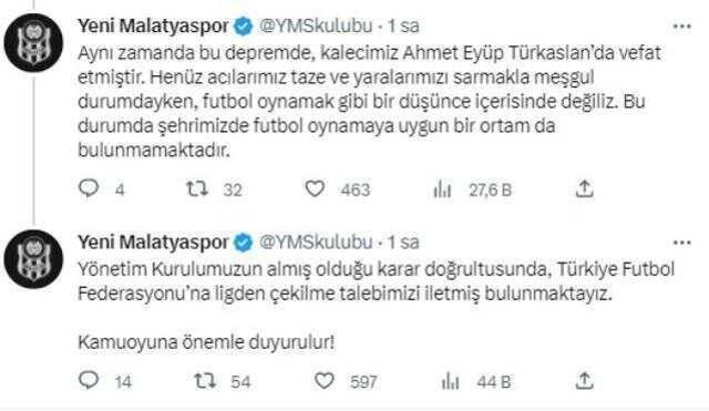 Yeni Malatayspor, Süper Lig'den çekilme talebini TFF'ye iletti