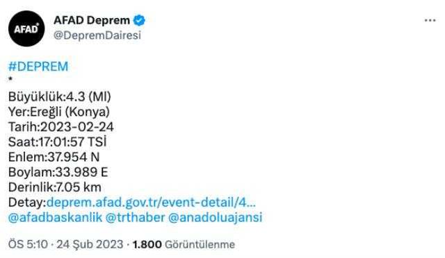 Konya Ereğli kaç şiddetinde deprem oldu? Konya deprem şiddeti ne? Konya kaç büyüklüğünde deprem oldu?