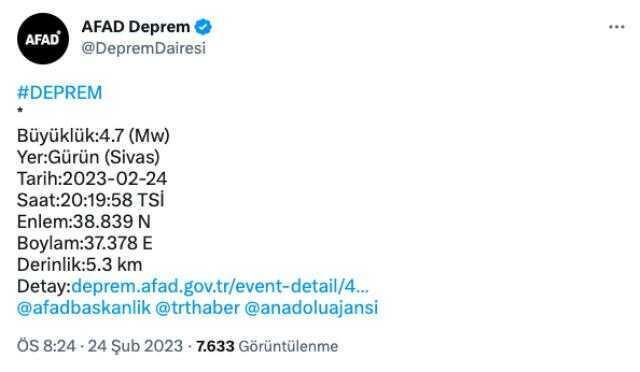 Sivas kaç şiddetinde deprem oldu? Sivas deprem şiddeti ne? Sivas kaç büyüklüğünde deprem oldu?