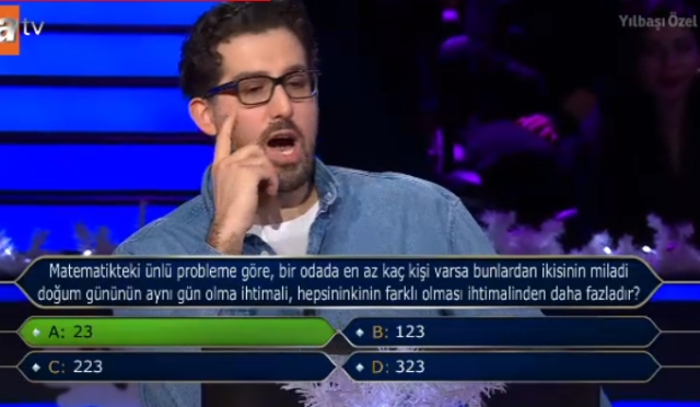 Matematikteki ünlü probleme göre, bir odada en az kaç kişi varsa bunlardan ikisinin miladi doğum gününün aynı gün olma ihtimali, hepsininkinin ...