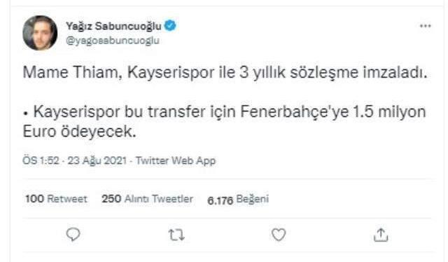 Fenerbahçe, Mame Thiam'ı 1,5 milyon euroya Kayserispor'a sattı