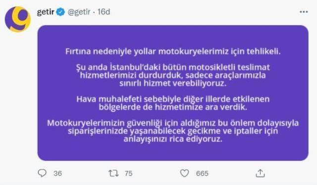 Getir şirketi, fırtına nedeniyle tüm motosikletli teslimat hizmetlerini durdurdu