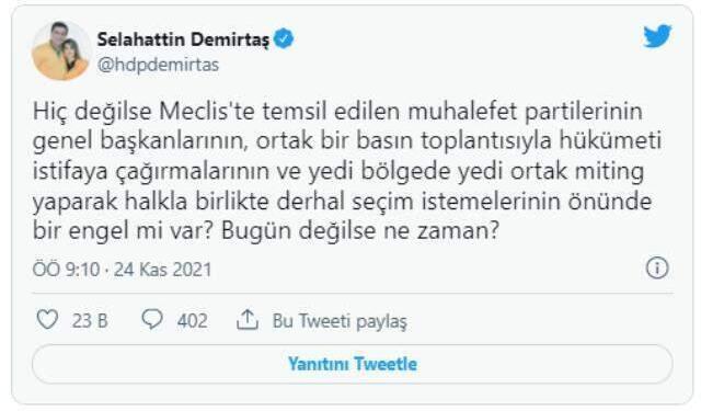 Selahattin Demirtaş'tan muhalefet partilerine ortak miting çağrısı: Bugün değilse ne zaman?