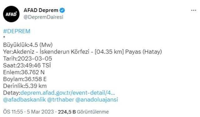İskenderun Körfezi'nde 4,5 büyüklüğünde deprem