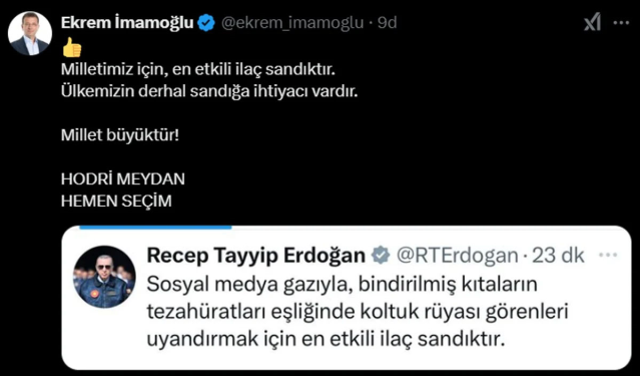 İmamoğlu, Cumhurbaşkanı Erdoğan'ın paylaşımını alıntılayıp 'hodri meydan' dedi